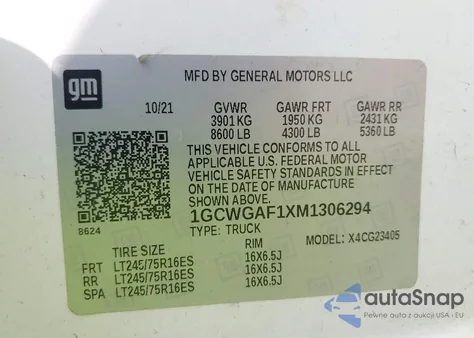 2021 Chevrolet Express Cargo Rwd 2500 Regular Wheelbase Wt z USA, uszkodzony, nr VIN 1GCWGAF1XM1306294